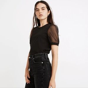 Madewell Black Sheer-Sleeve Knit Top XS